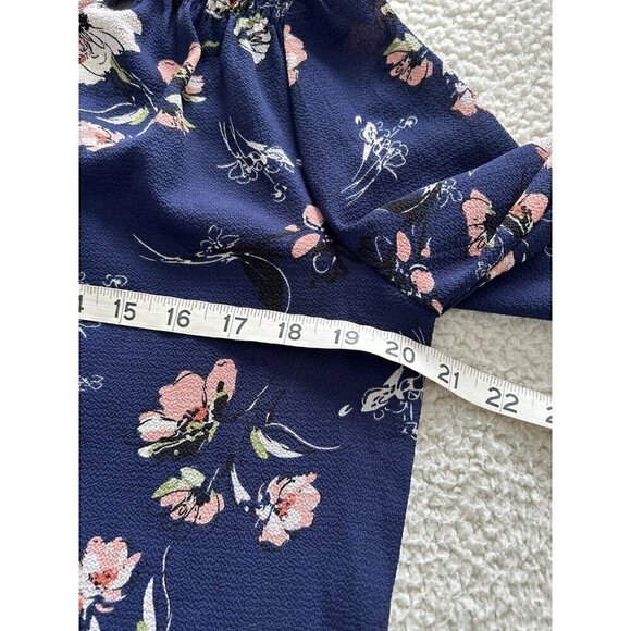 Fun2Fun Navy Blue Floral Boho Kenmore Split Neck Stretch Blouse Size S - Picture 8 of 9